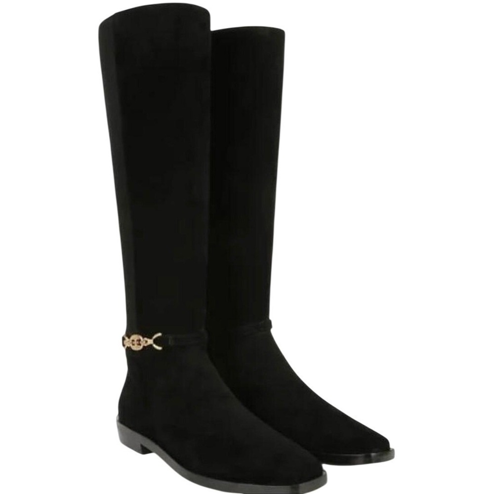 Sam Edelman Clive Black Suede Knee High Boots Square Toe‎ Gold Chain Size 6.5
